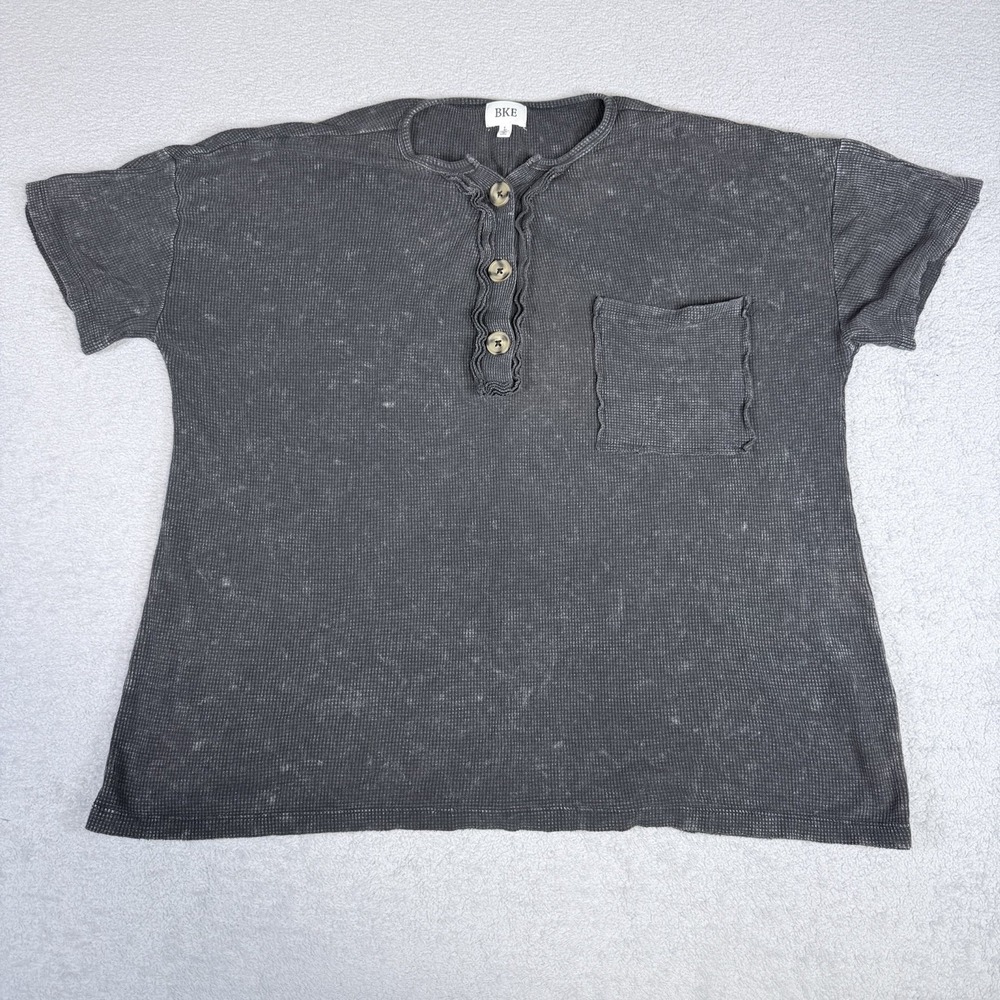 BKE Shirt Womens L Black Washed Henley Button Front Dolman Short Sleeve Raw Hem
